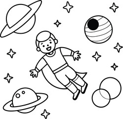 a coloring page with a boy in space