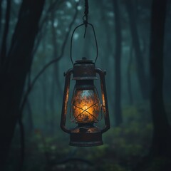 Sticker - A rusty oil lantern hangs in a dark and misty forest.