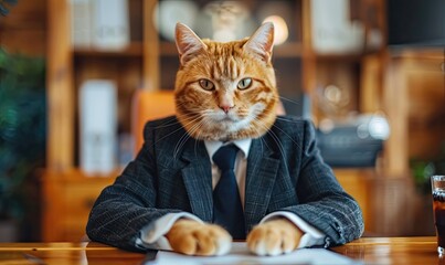 Wall Mural - Funny cat dressed as a businessman in a formal suit at desk.