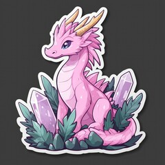 Sticker - Cute Pink Dragon with Crystals