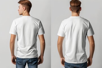 Wall Mural - Young man casual Blank t-shirt with half sleeves mockup with back and front view white wall background, 3d rendering