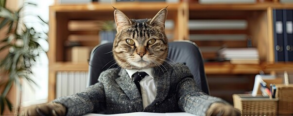 Wall Mural - Funny cat dressed as a businessman in a formal suit at desk.