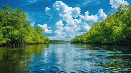 beautiful mangrove swamp trees along a tranquil river with a clear cloudy sky ai generated