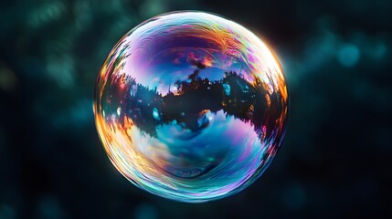 Iridescent soap bubble floating in air, rainbow reflections, dark background, macro photography, frozen moment, delicate surface tension, high-speed capture, abstract patterns.