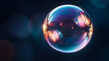 Iridescent soap bubble floating in air, rainbow reflections, dark background, macro photography, frozen moment, delicate surface tension, high-speed capture, abstract patterns.