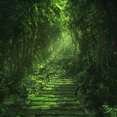 Poster - A stone pathway leads up through a lush green bamboo forest.