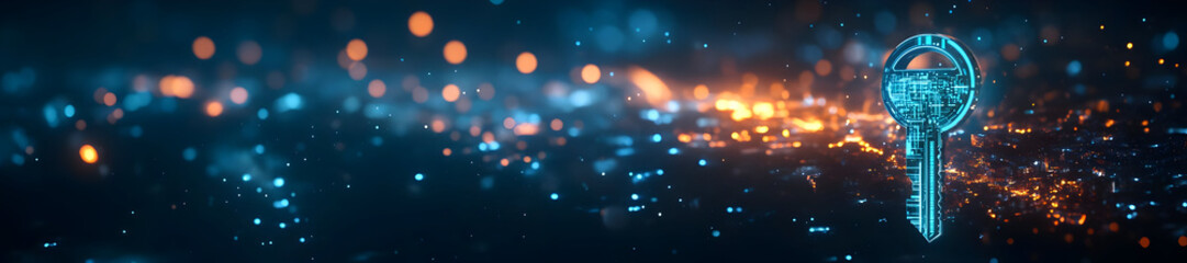 Poster - A digital key glowing in a futuristic landscape filled with vibrant lights, symbolizing technology and security.