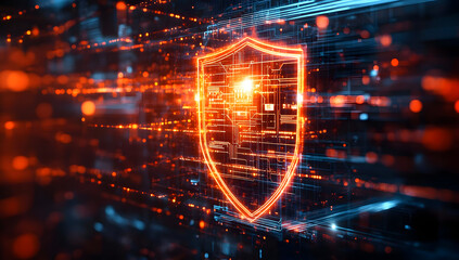 Poster - A digital shield emitting light, symbolizing cybersecurity and protection in a vibrant, futuristic environment.