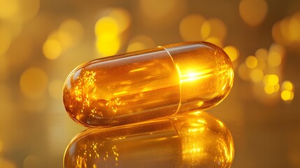 translucent golden capsule on golden background, soft glow, pill-shaped supplement, omega-3 fish oil