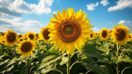 Sticker - A vibrant yellow sunflower in a field of sunflowers under a bright blue sky.