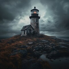 A weathered lighthouse stands tall on a rocky cliff, its light shining through the stormy sky.