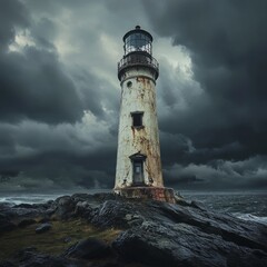 Sticker - A weathered lighthouse stands tall on a rocky shore under a stormy sky.