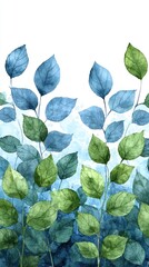 Poster - Watercolor Blue and Green Leaves Border