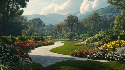 Poster - A winding stone path leads through a lush garden with colorful flowers and a view of the mountains in the distance.