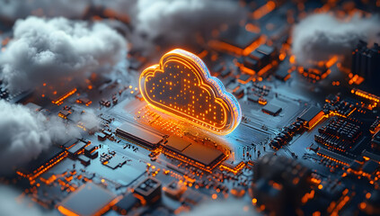 Poster - A futuristic cloud icon emits light over a digital circuit board, symbolizing advanced technology and cloud computing innovation.