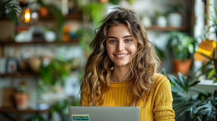 Wall Mural - A woman with long brown hair is smiling and holding a laptop. She is sitting in a room with many potted plants