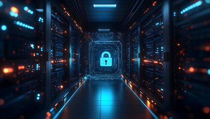 Poster - A futuristic data center hallway with glowing servers and a digital lock symbol, representing advanced security technology.
