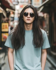 Canvas Print - Asian male model wearing blank empty tshirt for mockup