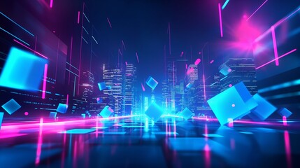 A vibrant neon landscape with glowing blue and pink geometric shapes, creating a dynamic and futuristic cityscape.