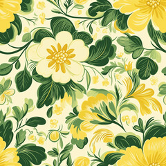 Poster - Yellow floral seamless pattern with large flowers and green leaves on a light background. Bold and cheerful design, emphasizing sunny yellow tones and lush greenery.