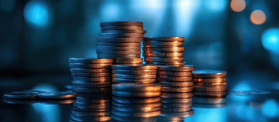 Wall Mural - Stacks of Shiny Coins in a Blue Ambient Light Setting, Reflecting on a Glossy Surface