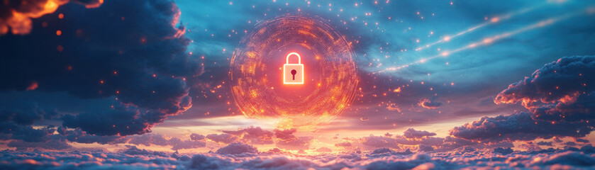 Wall Mural - Cloud security measure,  A vibrant hologram of a lockpad icon floating above a dynamic cloud system, illustrating digital encryption in a serene, sky-like environment, with light