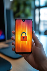 Wall Mural - AI Cyber security,  A hand positioned firmly on a smartphone, its screen showcasing a bright padlock security icon. The scene is set against a sleek desk, emphasizing a focus on