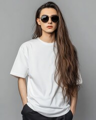 Poster - Asian male model wearing blank empty white tshirt for mockup