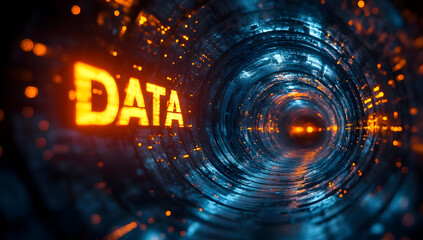 Poster - A futuristic tunnel showcasing vibrant data streams with glowing text, representing advanced technology and information flow.