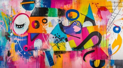 Sticker - Abstract colorful wall art with geometric shapes and splashes of paint.