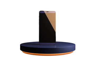 Wall Mural - A smartphone with a blank screen displayed on a round podium. Clean, isolated design on a white background. Concept of modern digital presentation. 3D Rendering