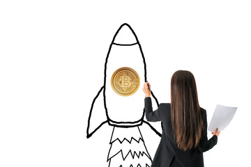 Poster - Businesswoman drawing a rocket with a bitcoin symbol on a white background. Concept of digital currency, startup success, and business strategy