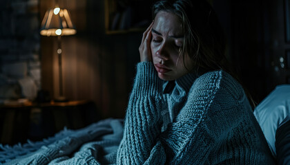 A woman is sitting on a bed with her head in her hands. She is wearing a gray sweater and she is in a state of distress