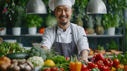 A smiling chef stands in front of a table full of fresh vegetables