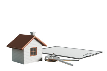 Aufkleber - House model, keys, and clipboard on white background, isolated, clean, closeup. Concept of real estate, property sale, buy, rent, deal. 3D Rendering