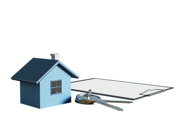 Poster - Miniature house model with keys and clipboard placed on a white background, representing real estate and property sale or rent concept. 3D Rendering