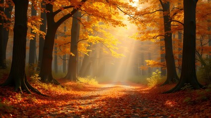 Canvas Print - A peaceful autumn forest with sunlight streaming through trees, illuminating a leaf-covered path