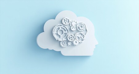 Poster - Human head in cloud shape with interconnected gears representing intelligence and thought process