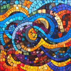 Wall Mural - Abstract mosaic pattern in shades of blue, orange, purple, red, and yellow.