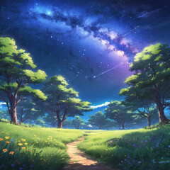 Wall Mural - milky way anime style illustration at night and outdoor nature, beautiful milkyway illustration