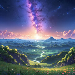 Wall Mural - milky way anime style illustration at night and outdoor nature, beautiful milkyway illustration