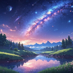 Wall Mural - milky way anime style illustration at night and outdoor nature, beautiful milkyway illustration