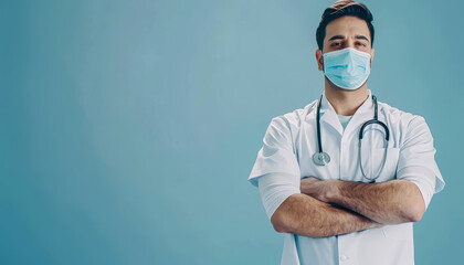 A man in a white lab coat is wearing a mask and has his arms crossed. Concept of professionalism and seriousness, as the man is a doctor or a medical professional. The blue background adds a calming