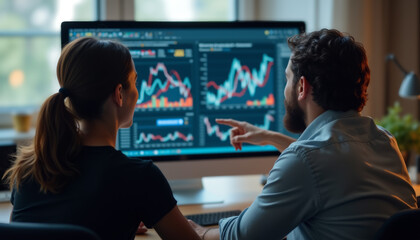 a man and woman sitting at a desk in front of a computer screen with graphs.