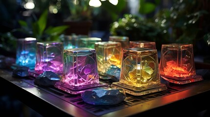 Solar-powered LED rocks illuminating a garden pathway.