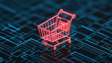 Wall Mural - A glowing red shopping cart icon is displayed on a digital circuit board background, representing online shopping and e-commerce.