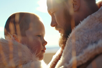 Wall Mural - A father and child gaze lovingly at each other wrapped in warm fur under the soft sunlight