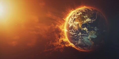 earth globe on fire concept of global warming and climate change. copy space.