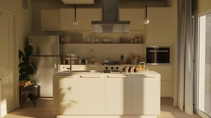 Wall Mural - A kitchen with beige walls, a white kitchen island, a cooktop, an sink, a fridge, a neutral color palette, a minimal interior design style, soft lighting, and a comfortable atmosphere.