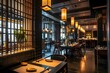 © Pascal - A modern restaurant with black tile walls and dark wooden furniture inside an ancient building, showcasing the fusion of traditional architecture and contemporary design elements. -